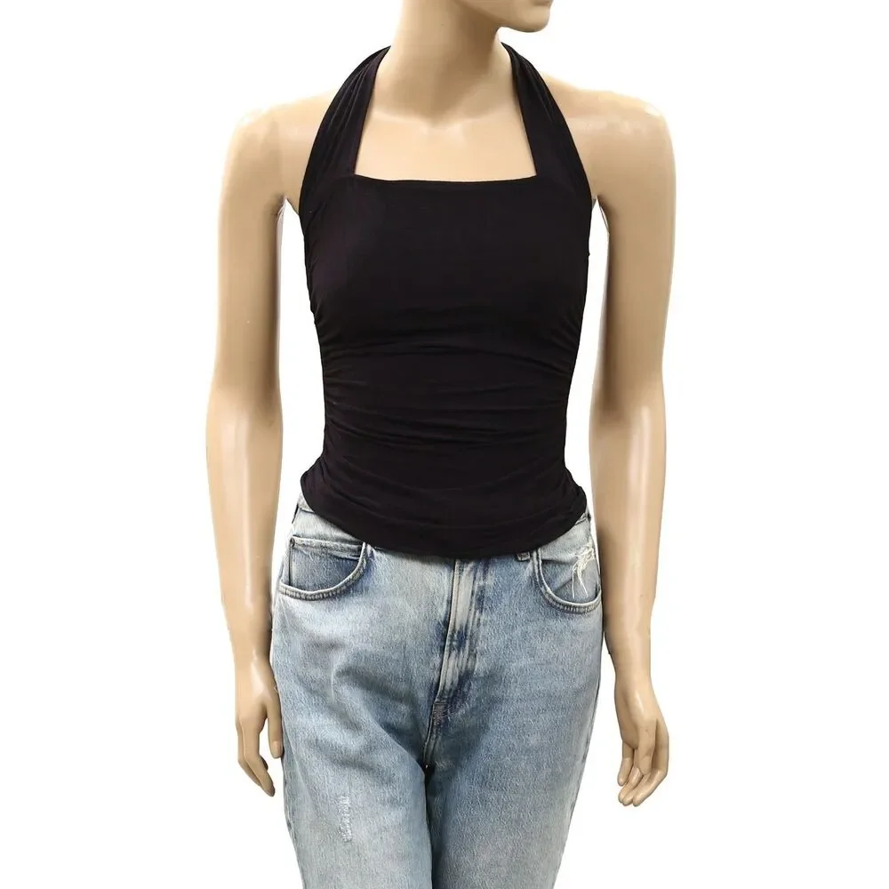 Free People Electric Bloom Halter Blouse Top Ruched Trendy Black Solid L 288759